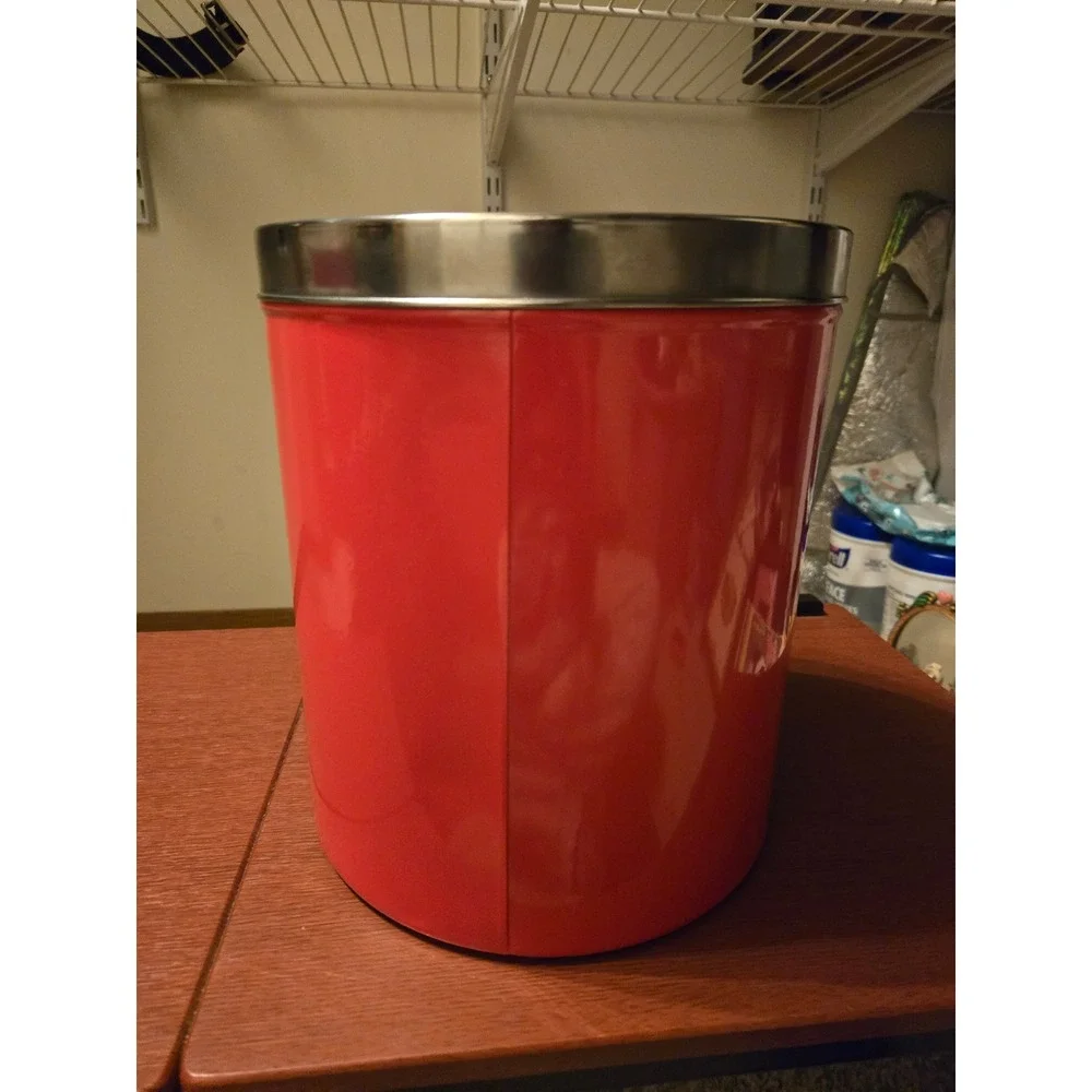 Vintage‎ Red Metal Canister with Silver Filigree Scroll and Stainless Steel Lid